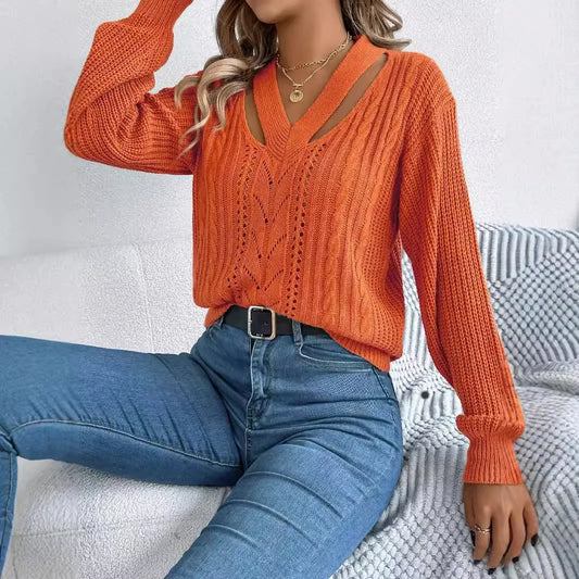 Casual Sweater Women Streetwear Hollow V-neck Elegant Lantern Sleeve Head Tops 2024 Autumn/Winter New Long Sleeved T-shirt Y2k