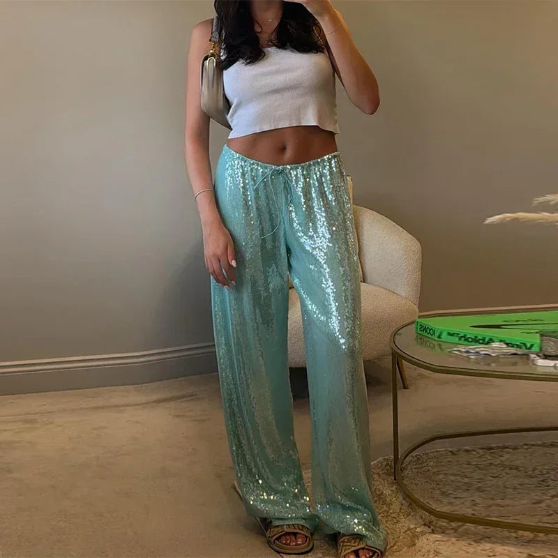 Casual Sequin Pants Women Loose Elastic Waist Wide Legs Trousers Female 2025 Spring Summer Fashion Chic Solid Streetwears Lady