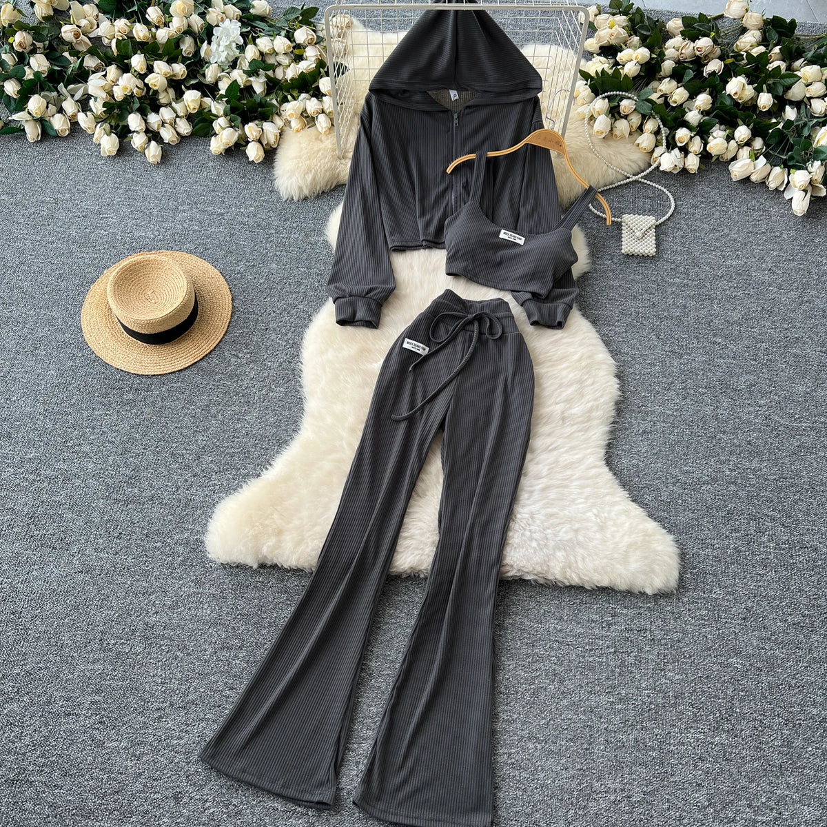 Sporty Three Piece Hoodie, Camisole and Pants Set for Women