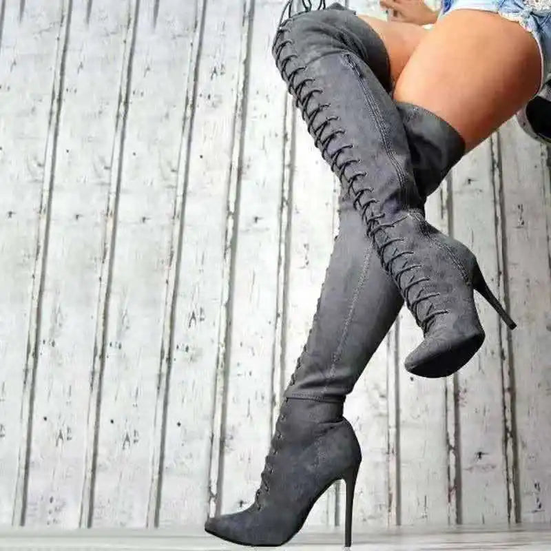 Pointed Toe Lace Up Over The Knee Stiletto Boots for Women
