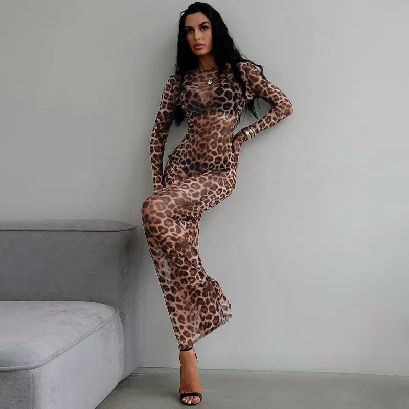 Long Sleeve Mesh Maxi Dress with Stripe Print for Women