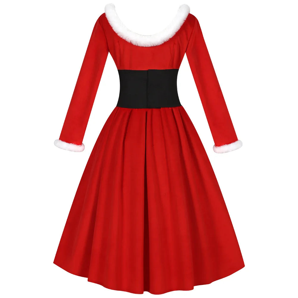 Long Sleeve Red Christmas Santa With Belt Dress for Women