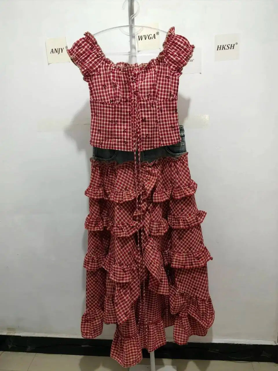 ANJY Spring Summer New Women Fashion Vintage Plaid Patchwork Denim Multi-layered Skirt Sweet Drawstring Short Sleeve Tops A24530