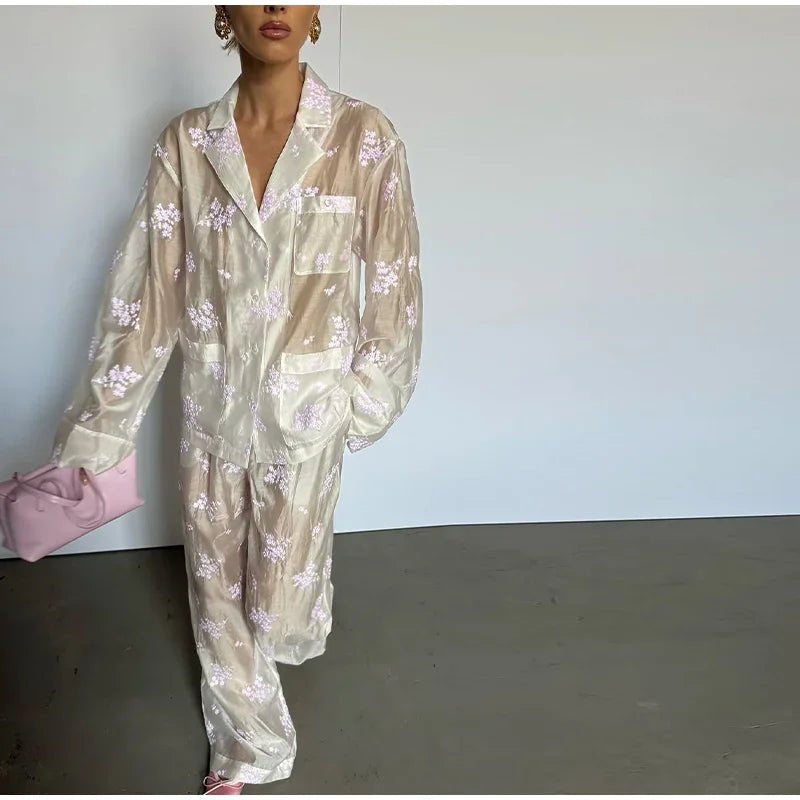 Sheer Casual Shirt and Wide Leg Pants Set for Women
