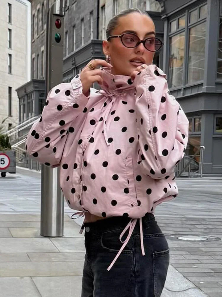 Pink Polka Dot High Collar Button Front Jacket for Women