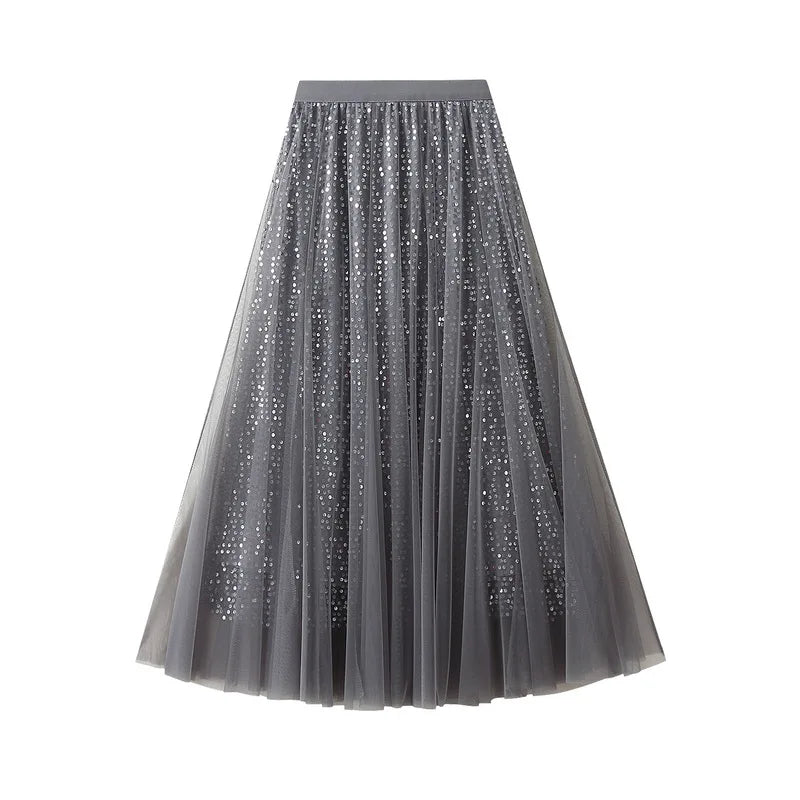 Sparkling Mesh A-Line Pleated Knee-Length Skirt for Women