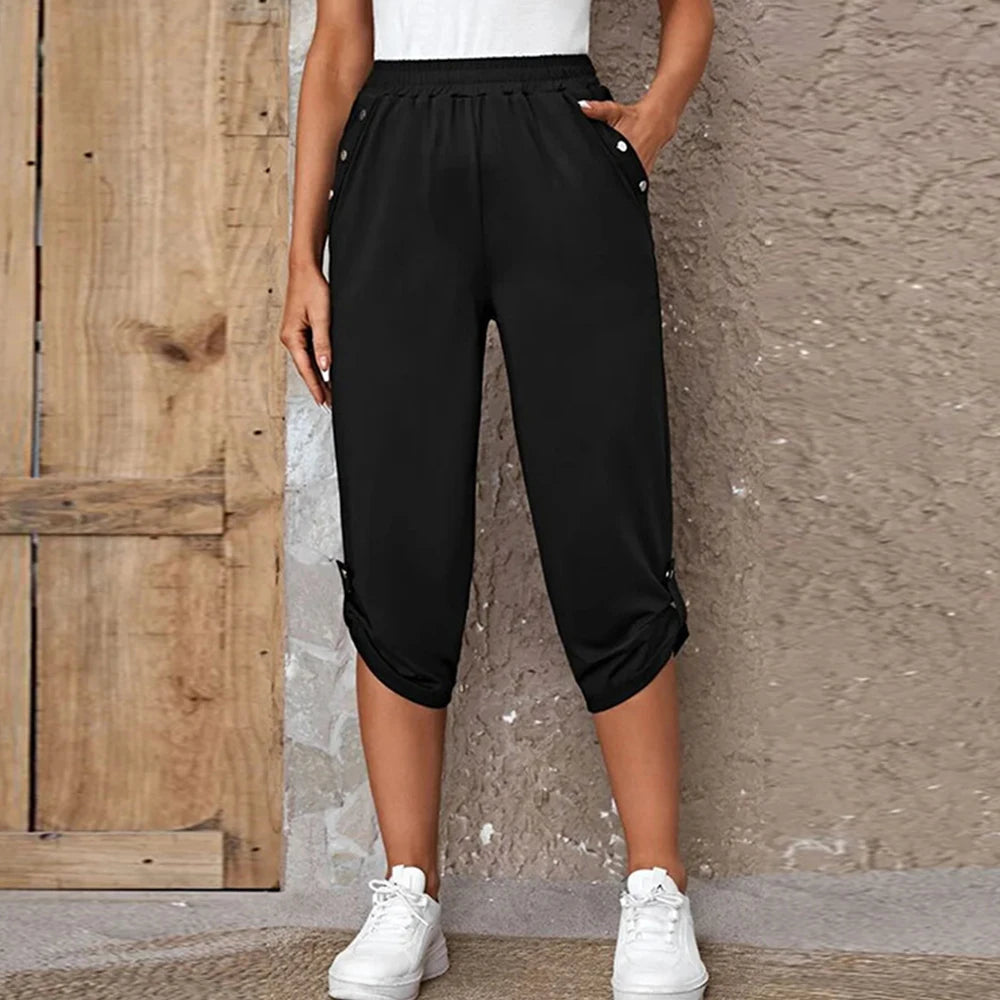 Women Elastic Waist Pants Summer Solid Color Casual Trousers Bottom Elegant Fashion Office Lady Loose Cropped Pants S-3XL