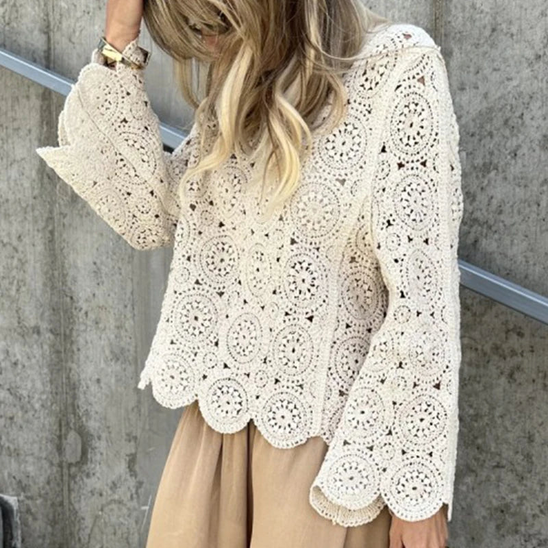 New Casual Solid Color Beach Cover Tees Sexy V-neck Long Sleeved Crochet Top Summer Vacation Hollow Out Knitted Women's T-shirt
