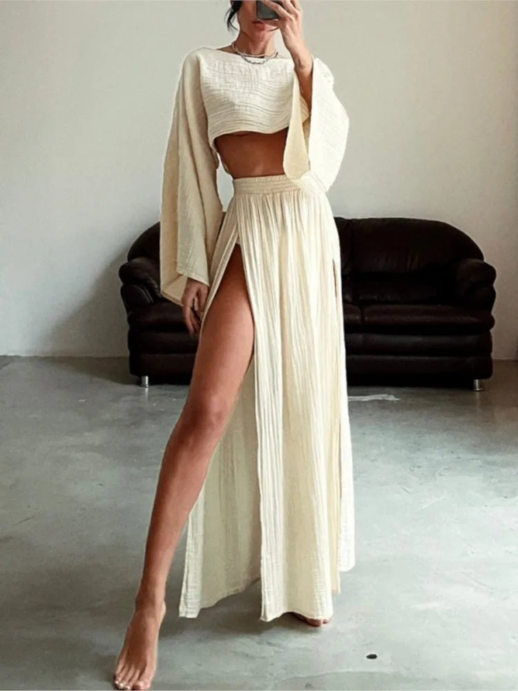 Casual Cotton Linen Blend Two Piece Skirt Set for Women
