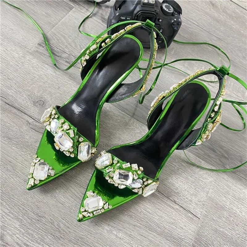 Green Open Toe Sandals With Back Strap And Crystal Detail For Women