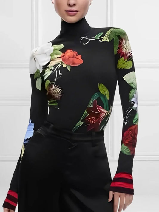 Women's Vintage Floral Printed High Neck Tops 2025 New Fashion Autumn Winter Long Sleeves Casual Skinny Split-Joint T-shirts