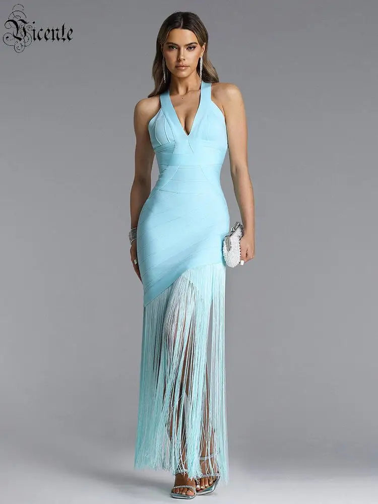 Light Blue Halter Neck Sleeveless Fringe Bandage Maxi Dress for Women