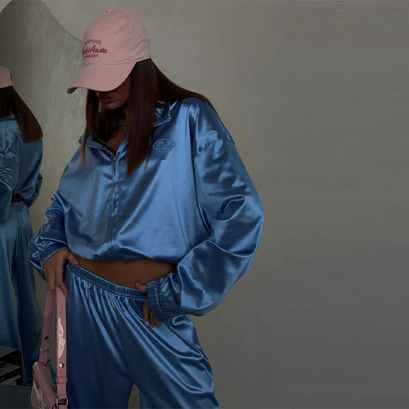 Loose Solid Satin Two Piece Pants Set With Zipper Jacket For Women