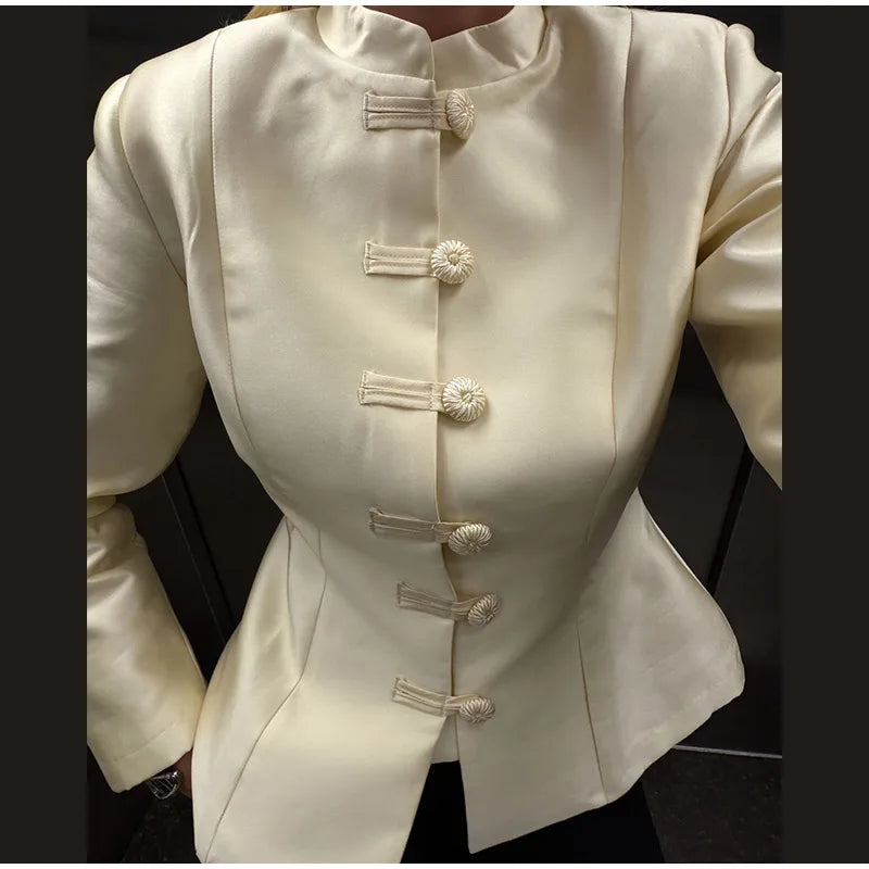 Chinese Knot Stand Collar Long Sleeve Jacket for Women
