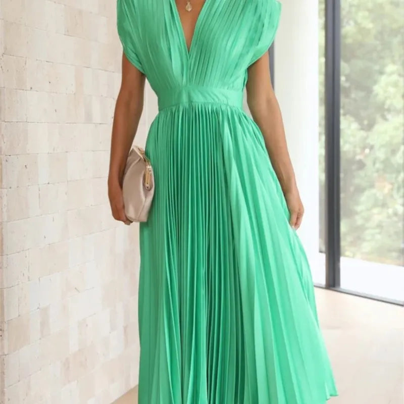 Elegance Draped V-Neck Pleated Skirt Dress 2025 Women Solid Strapless Backless Patchwork Loungewear Simple Maxi Dress