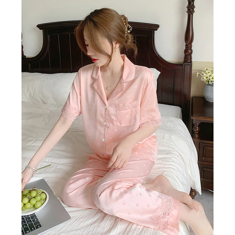Y2k Pink Sweet Dot Lace Jacquard Women Pajamas French Romantic Lazy Lady Nightgown 2024 New Summer Korean Harajuku Home 2pc Set