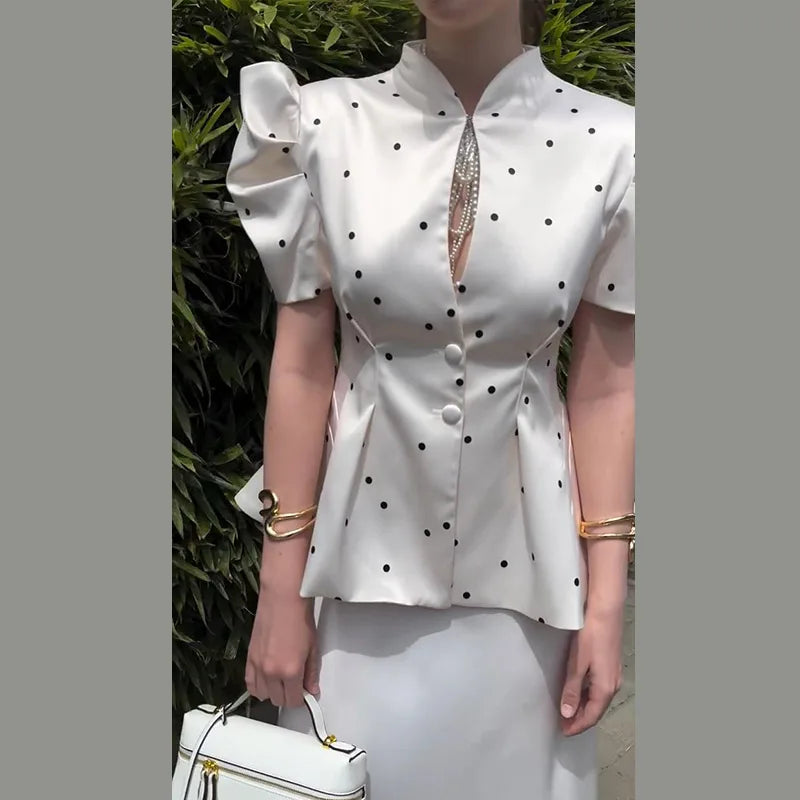 Elegant Printed Puff Sleeve Stand Collar Shirt for Women