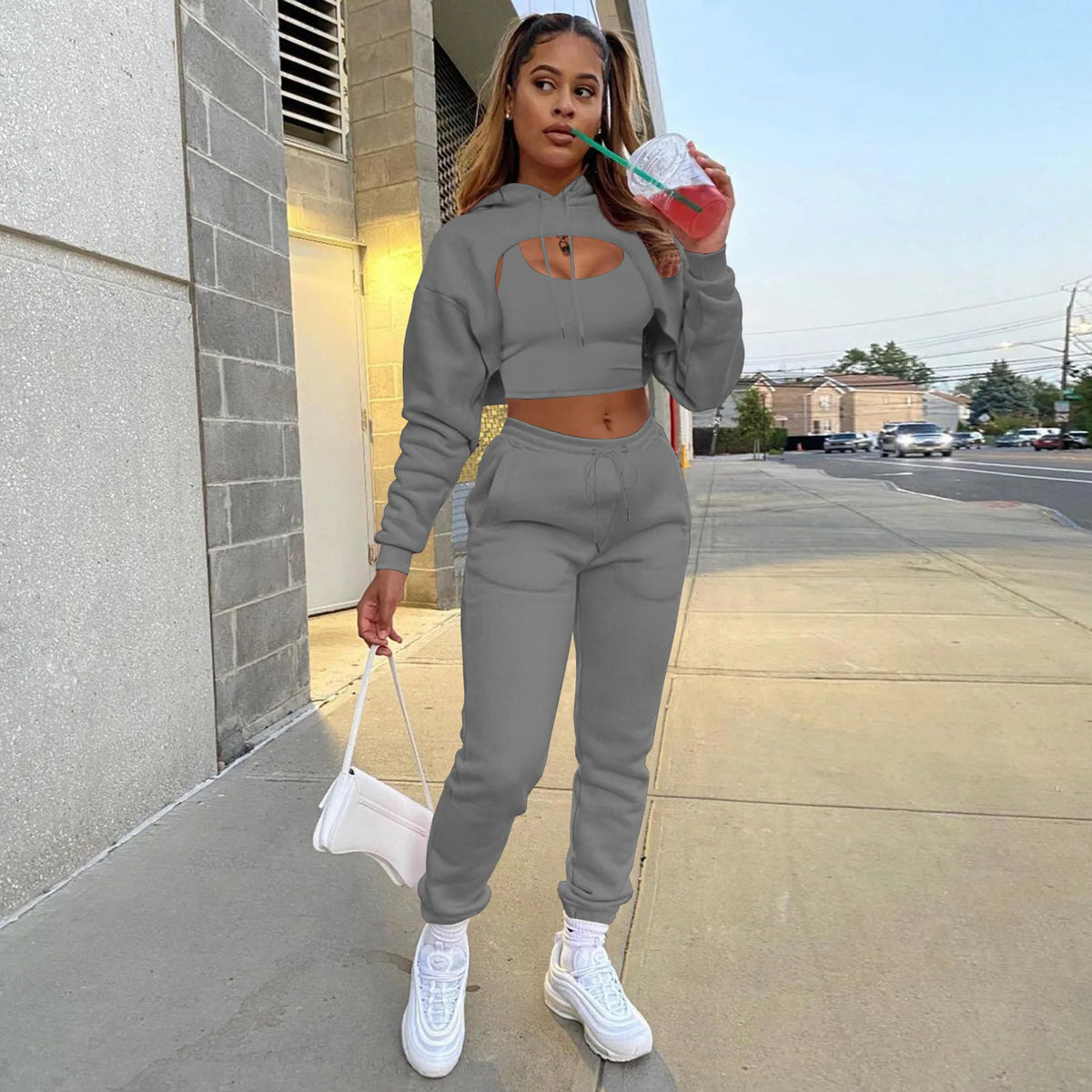 Three-Piece Hooded Sporty Matching Tracksuit Set for Women