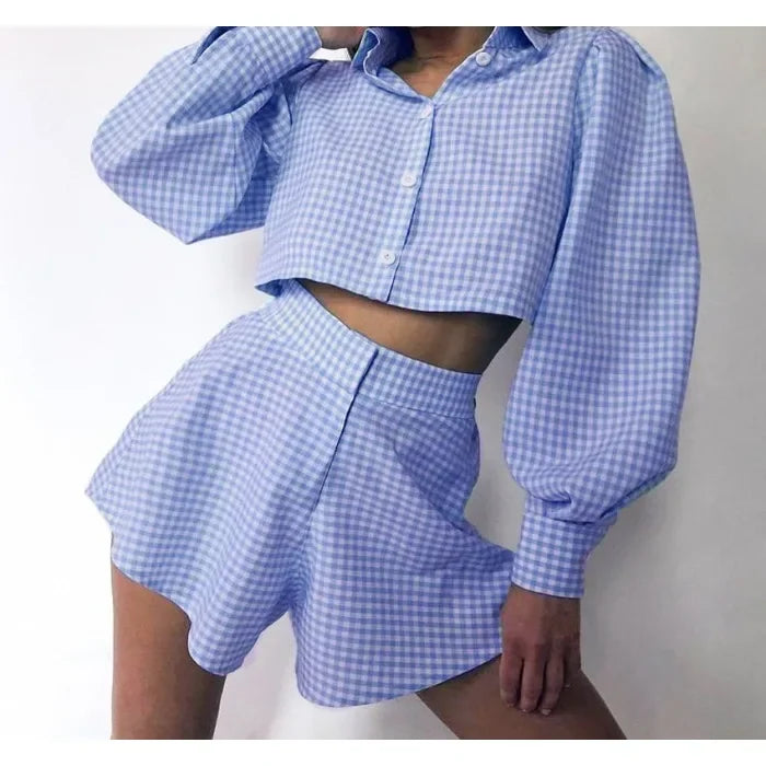 Wide Leg Pants Two Piece Set Woman Plaid Long Sleeved Shirt and High Waist 2025 Summer Fashion Casual Suit Spring and Summer New