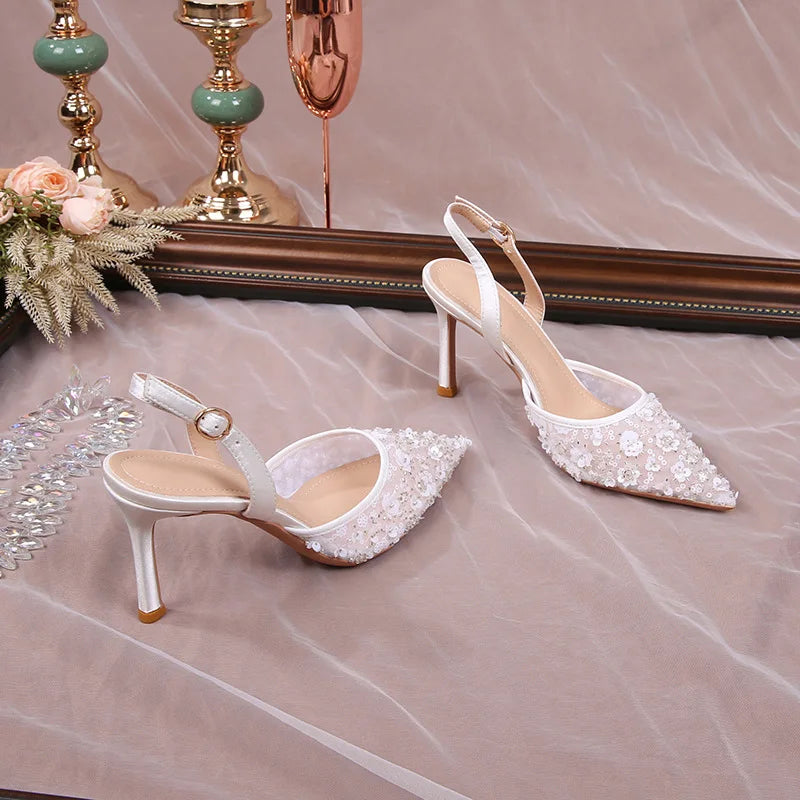 Elegant Floral Lace Back Strap High Heel Sandals for Women