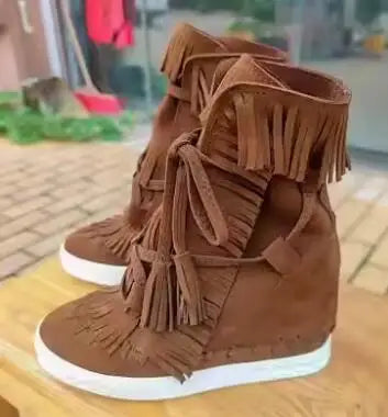 Girls Beige Black Gray Pink Suede Genuine Leather Round Toe Tassel Fringed 8 CM Height Increasing Wedges Sneakers Ankle Boots