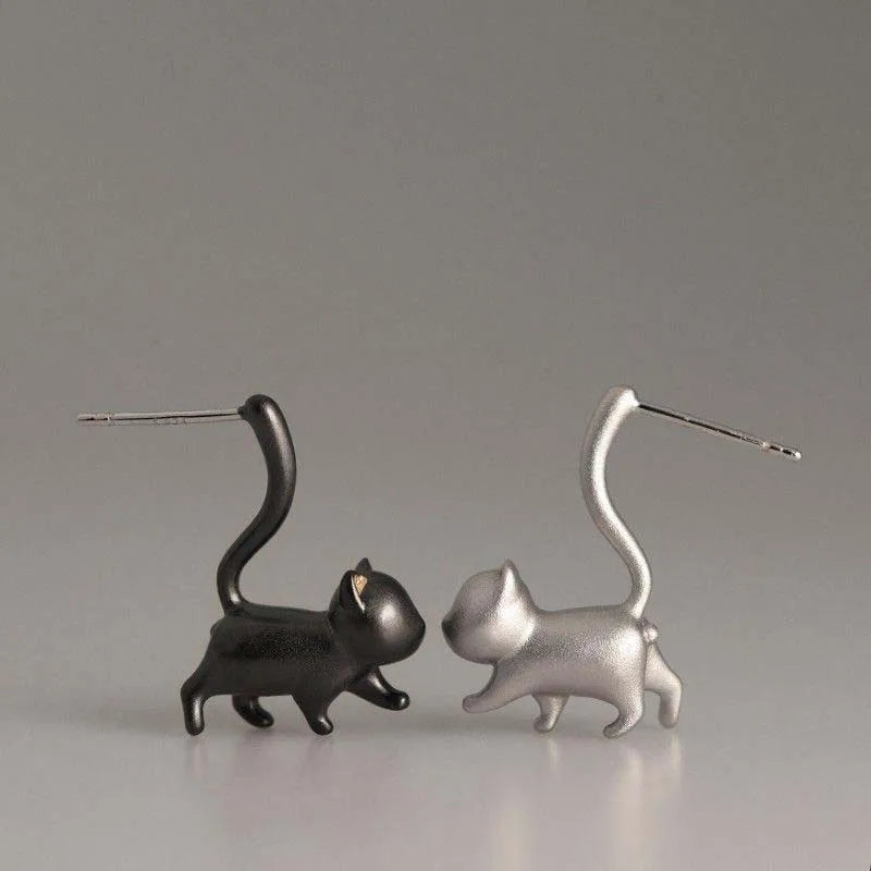 Silver Tone Cat Stud Earrings