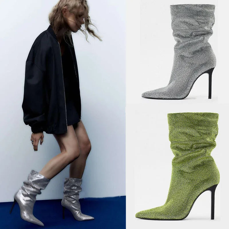 Rhinestone Embellished Pointed Toe Stiletto Boots For Women