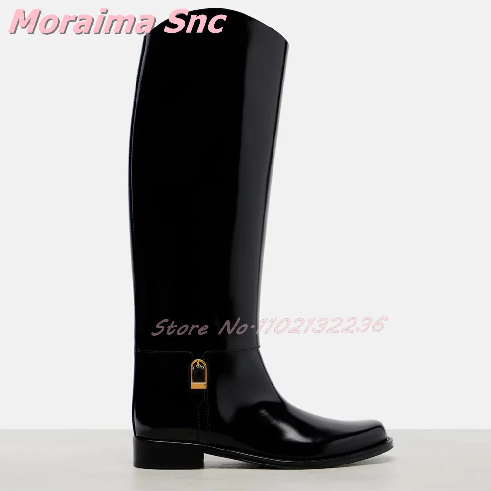 Elegant Patent Leather Round Toe Knee High Boots for Women