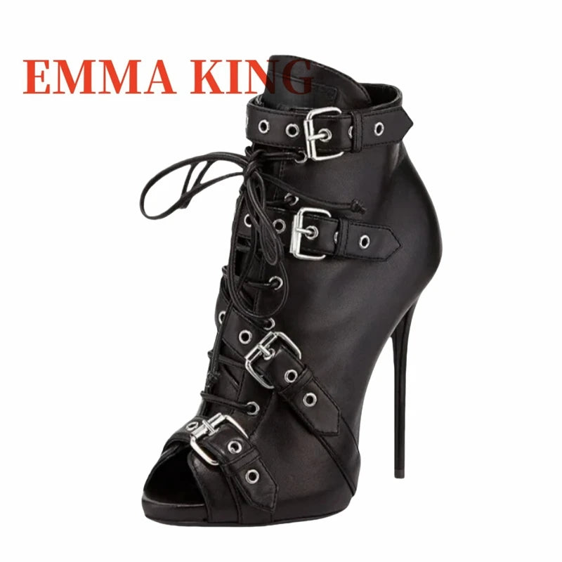 Black Leather Buckle Rivets Peep Toe Gothic Ankle Boots for Women