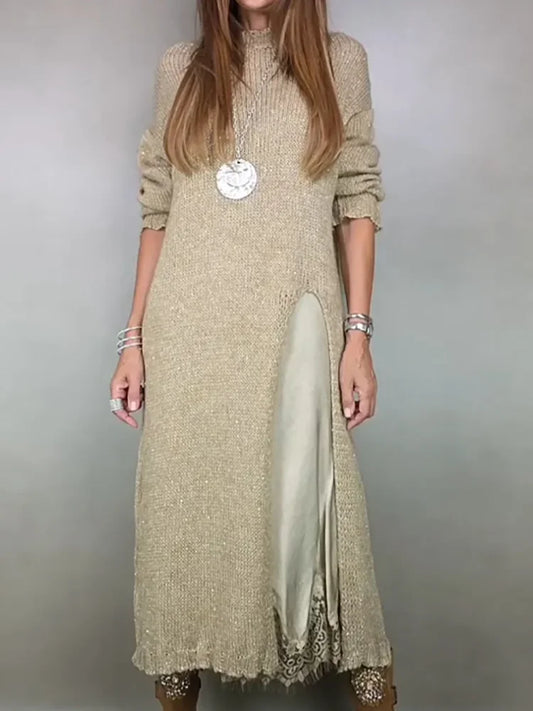 New O Neck Casual Holiday Long Sweater Dress Autumn Winter Women Long Sleeve Loose Pullovers 2025 Solid Patchwork Ladies Sweater