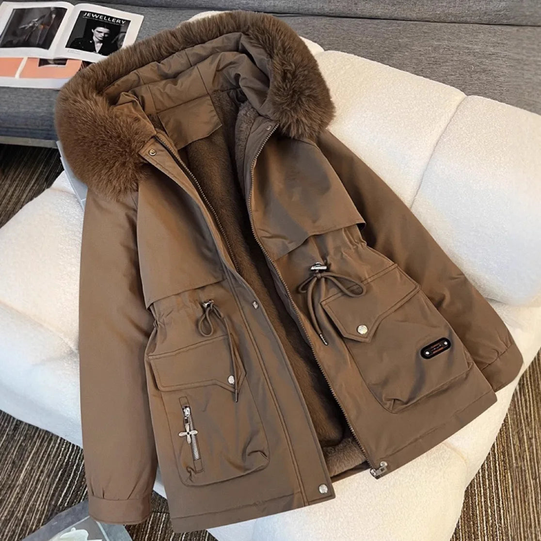 Korean Style Quilted Hooded Coat With Fur Collar For Women