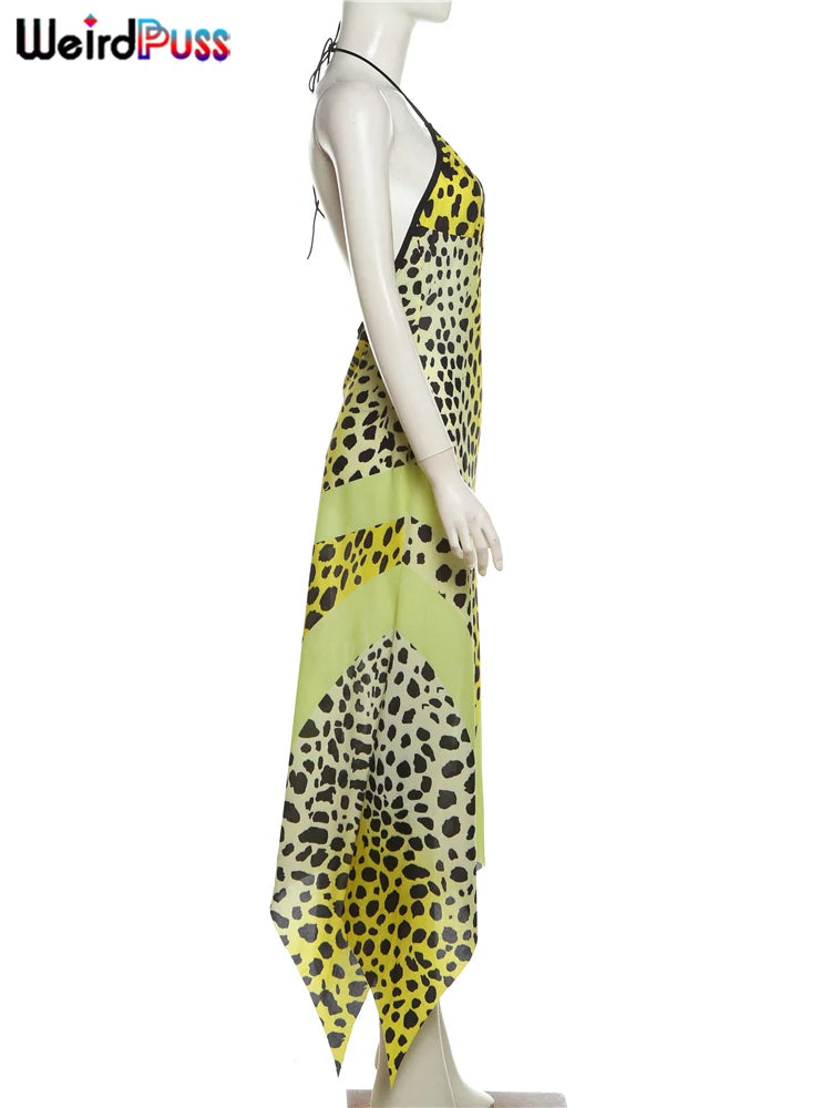 Leopard Print Halter Backless Chiffon Dress for Women