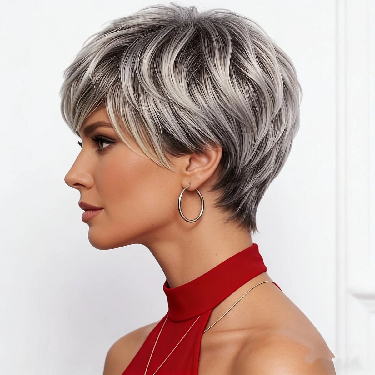 Natural Layered Gray Silver Bob Wig With Bangs for Women