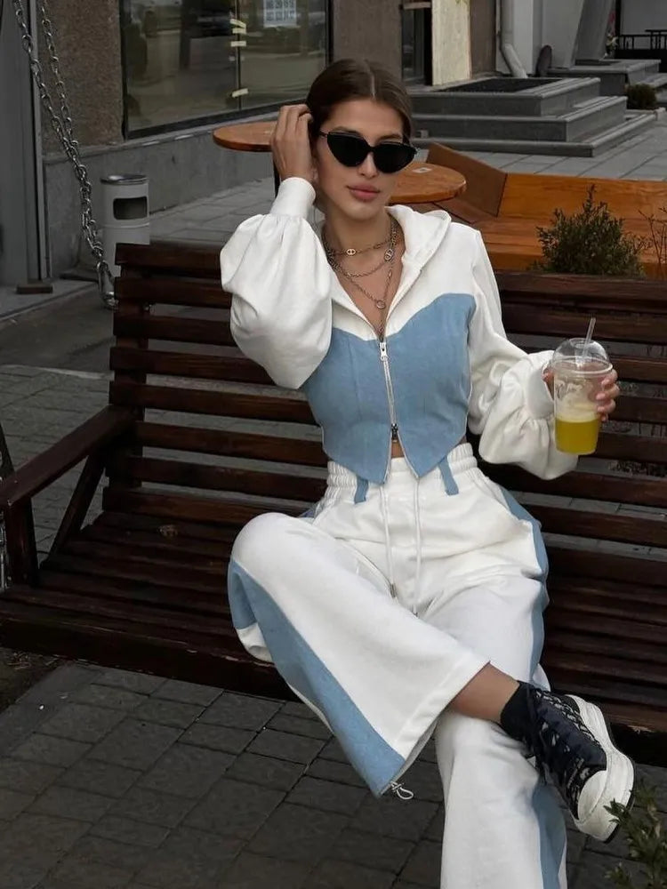 Fashion Patchwork Denim 2 Piece Sets Women Zip Hoodies Crop Top Wide Leg Sweatpants Suit Streetwear Casual Tracksuits Outfits