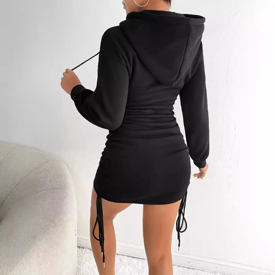 Pleated Hooded Drawstring Sweatshirt Dress for Women