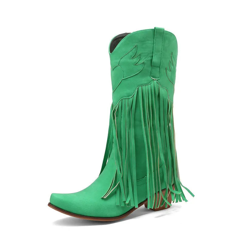 Retro Western Style Mid Calf Boots With Block Heel Tassels For Women
