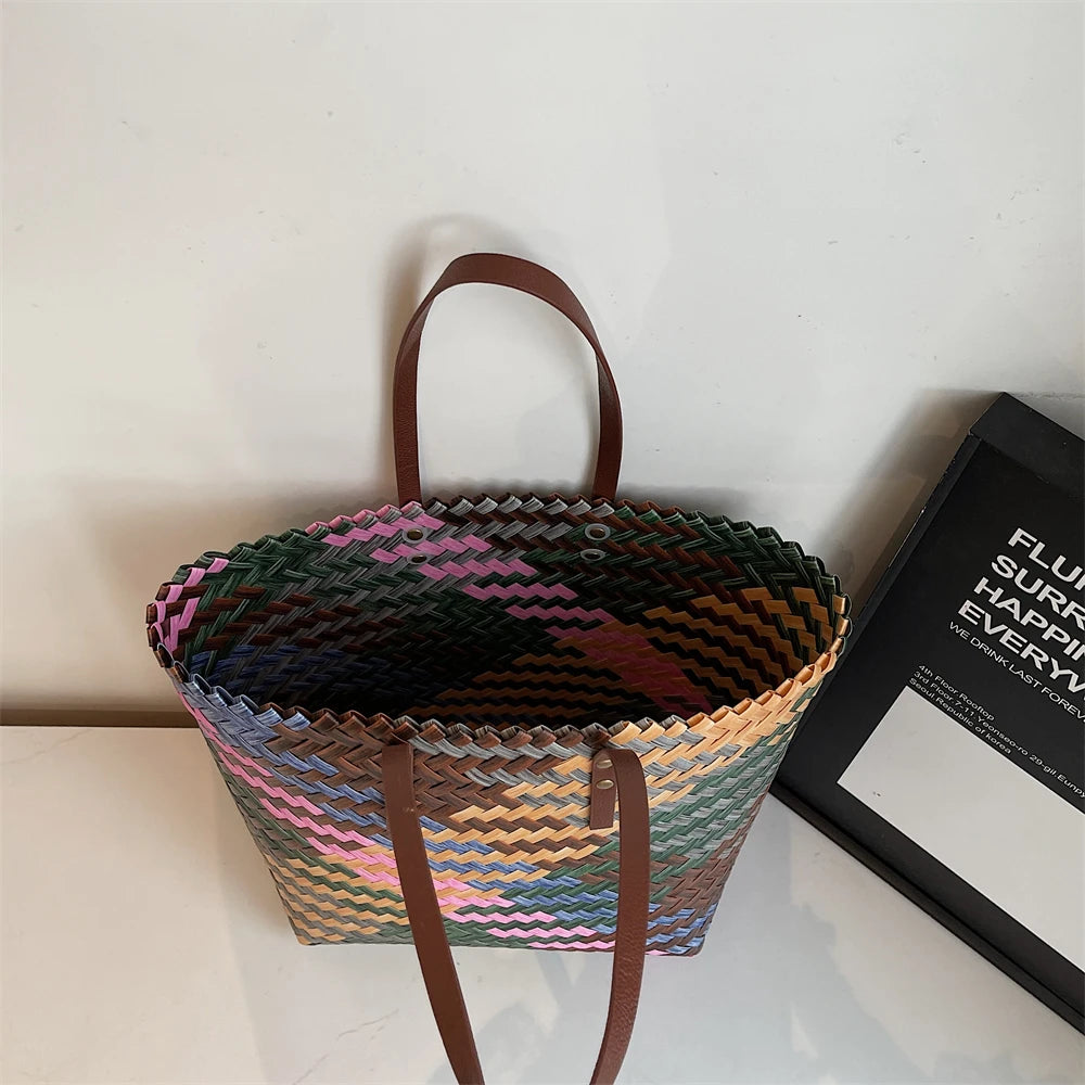 Colorful Braided PVC Tote Bag for Women With Large Capacity