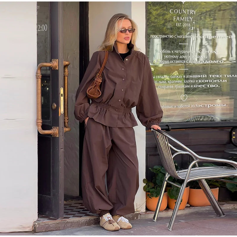 Ruffle Hem Jacket and Jogger Pants Two Piece Set for Women