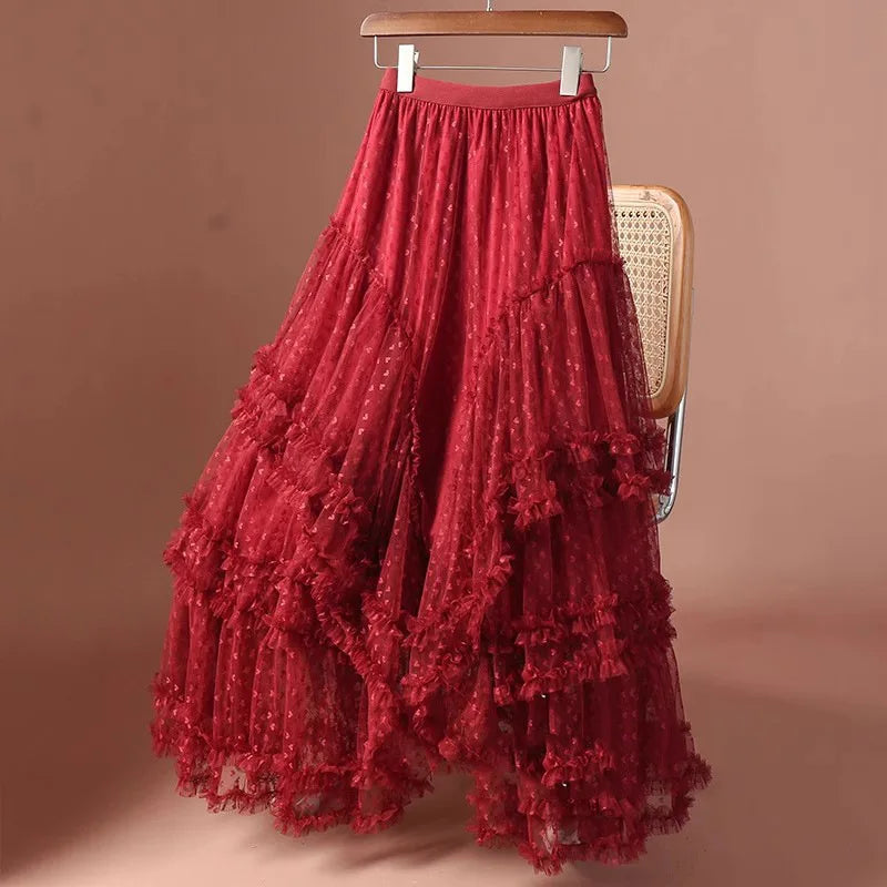 Romantic Vintage Jacquard Tulle Puff Skirt for Women
