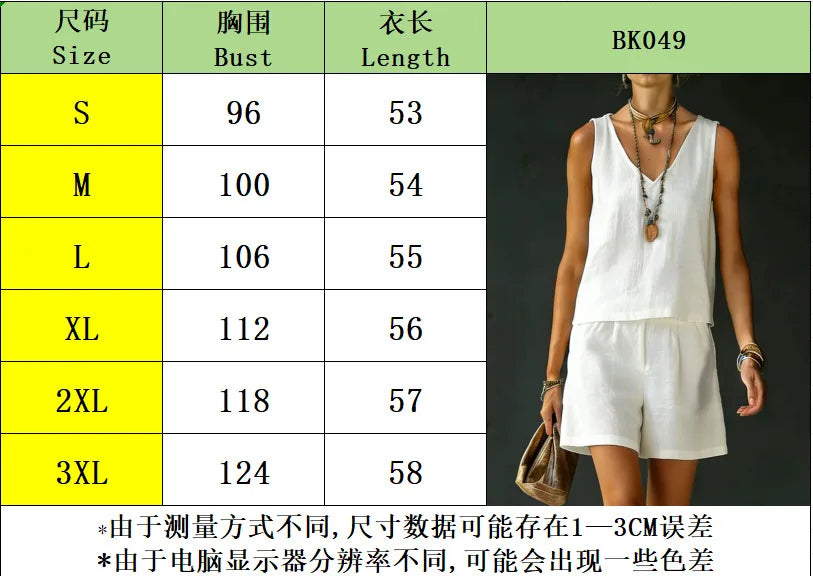 Cotton Linen Summer Casual Vest and Shorts Set for Women