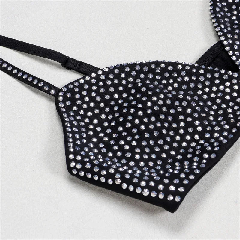 Rhinestone Three Piece Crop Top And Shorts Set for Women