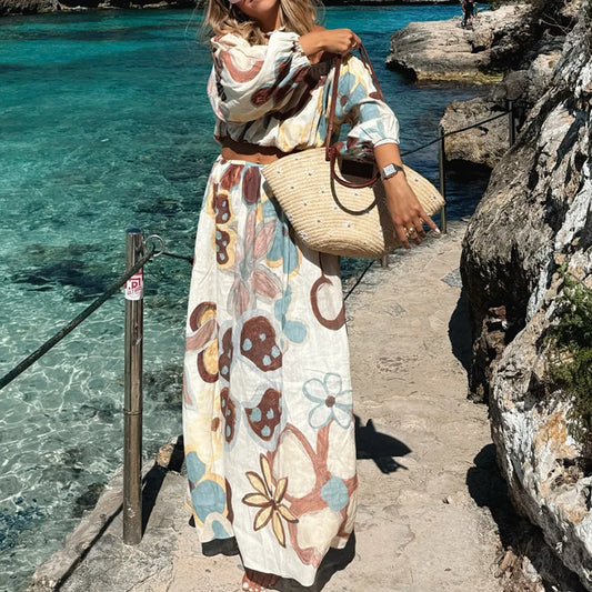 Fashion Crop Loose Women's Outfits Flower Print Off Shoulder Holiday Suit Casual Lantern Sleeve Top with Long Skirt Summer Sets
