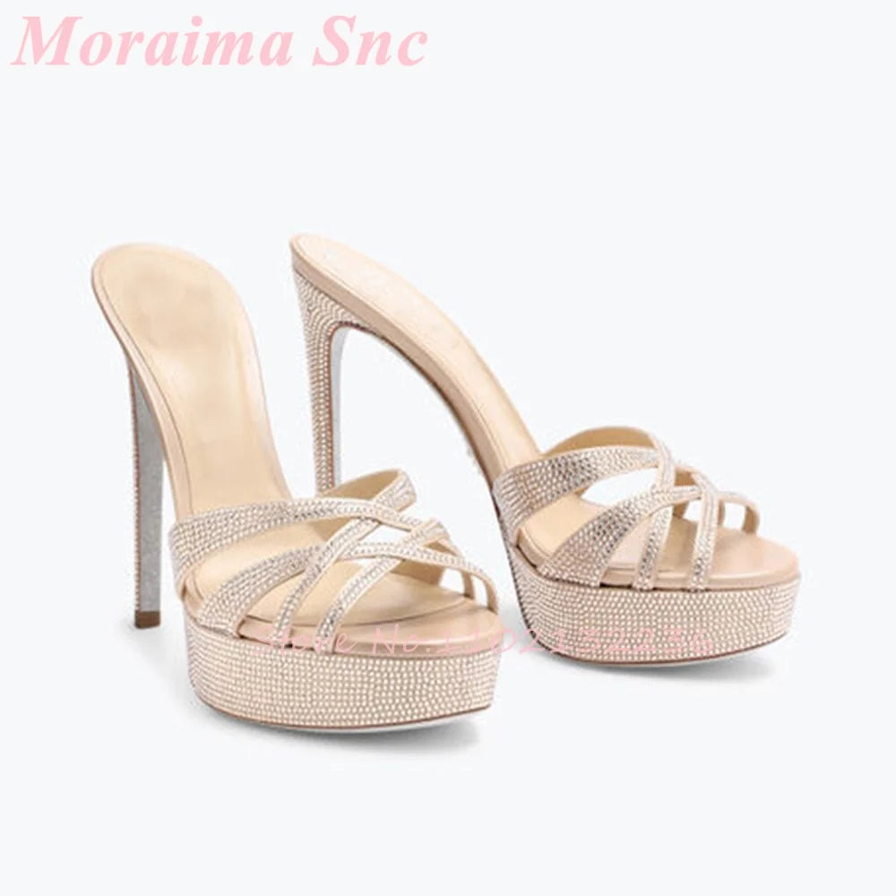 Crystal Rhinestone Platform Stiletto Crisscross Mules for Women