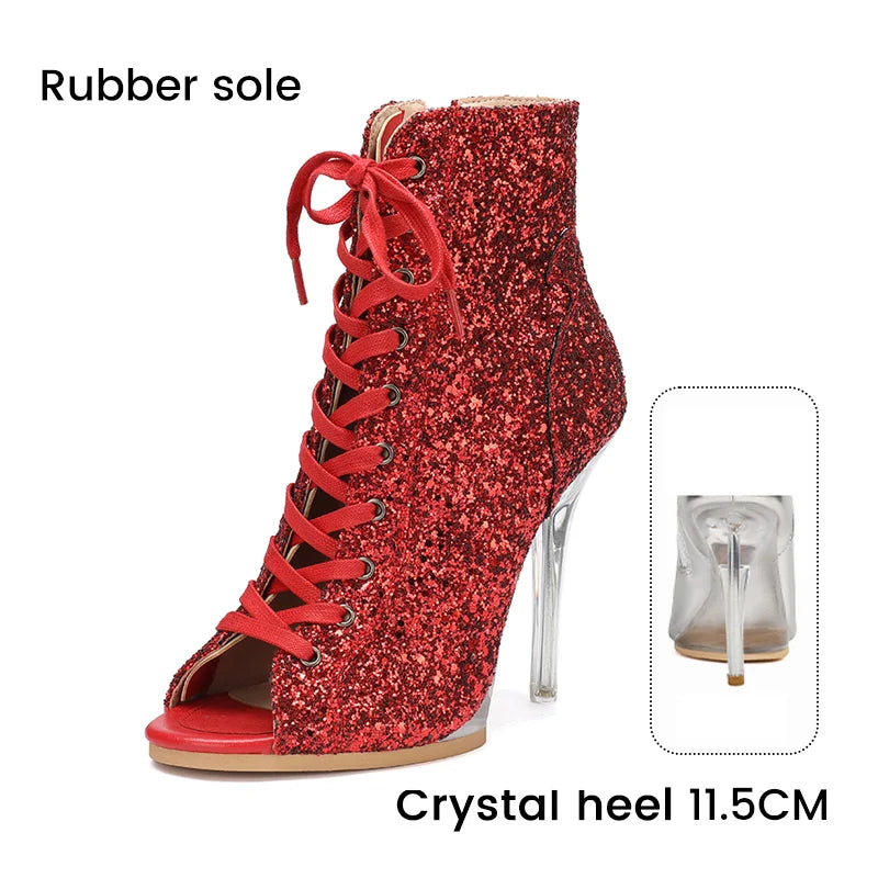 Lace-Up Crystal Heel Ballroom Dance Boots for Women