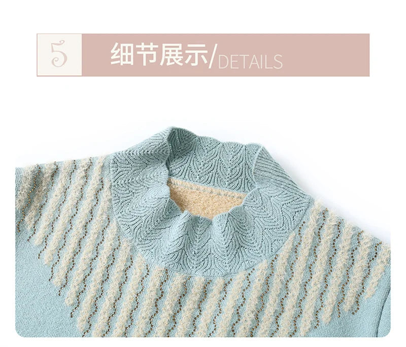 2025 Autumn New Mom's Velvet And Warm Knitted Embroidered Bottom Shirts Imitation Mink Fleece Winter Inner Plsh Thick Pullover