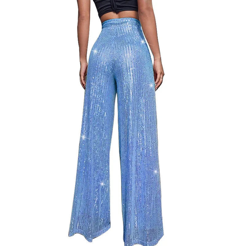 High Waist Sparkle Sequin Wide Leg Pants for Women