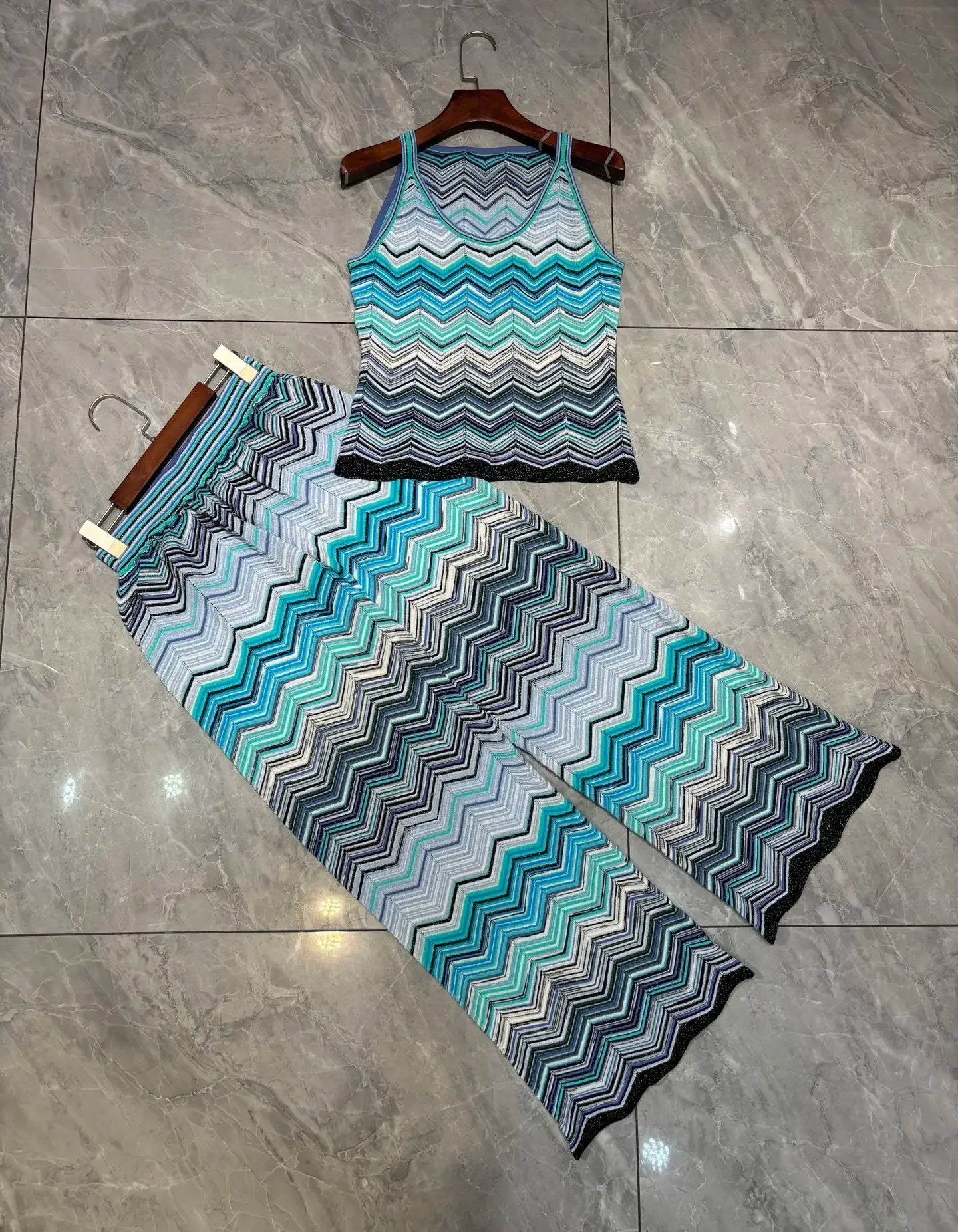 Blue Chevron Knit Sleeveless Top and Wide Leg Pants Set for Women