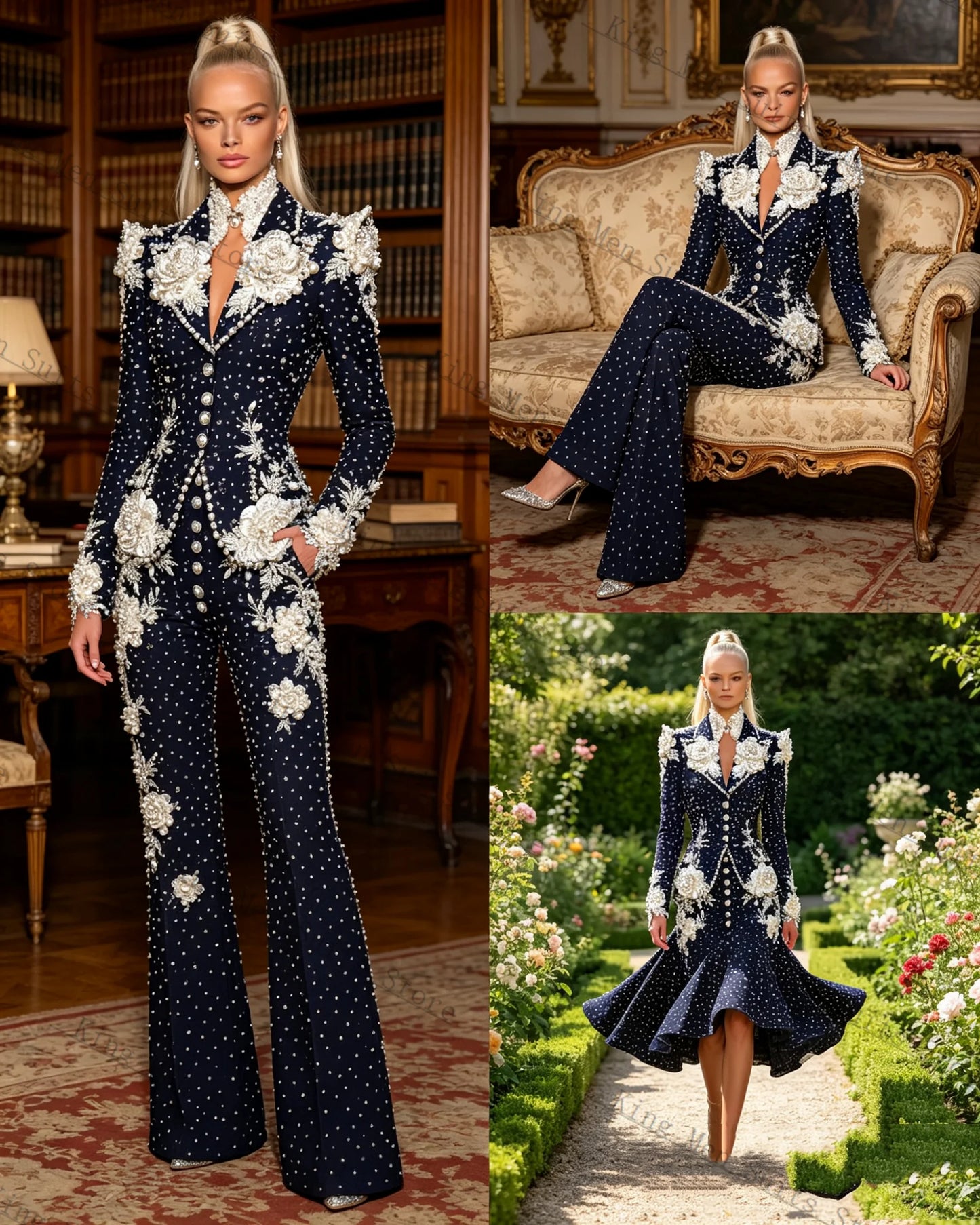 Pearls Formal Women Suits Set 2 Piece Blazer+Pants Trousers 3D Flower Customized Office Lady Jacket Luxury Wedding Prom Coat
