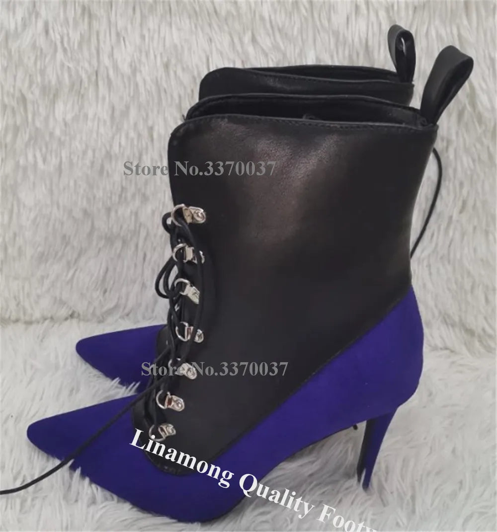 Red Blue Patchwork Buckles Lace Up Ankle Boots for Women