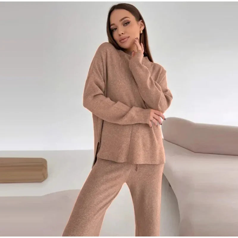 Solid Turtleneck Sweatshirt Set With Wide Leg Pants for Women